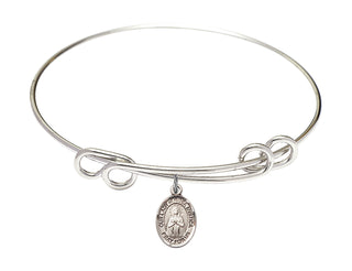 8 1/2 inch Round Double Loop Rhodium Bangle Bracelet with a Sterling Silver Our Lady of Rosa Mystica charm. Engraved Catholic Saint Jewelry