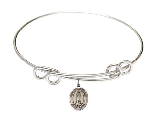 8 1/2 inch Round Double Loop Rhodium Bangle Bracelet with a Sterling Silver Our Lady of Kibeho charm. Engraved Catholic Saint Jewelry