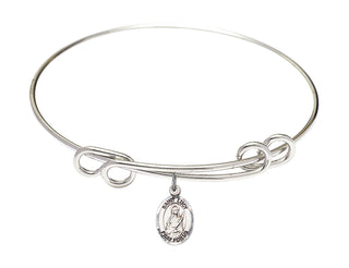 8 1/2 inch Round Double Loop Rhodium Bangle Bracelet with a Sterling Silver Saint Lucy charm. Engraved Catholic Saint Jewelry