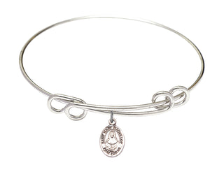 8 1/2 inch Round Double Loop Rhodium Bangle Bracelet with a Sterling Silver Saint Mary Mackillop charm. Engraved Catholic Saint Jewelry