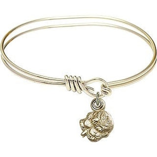 5 3/4 inch Oval Eye Hook Hamilton Gold Bangle Bracelet with a 14kt Gold Filled Rosebud charm.
