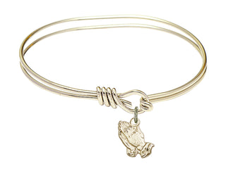 5 3/4 inch Oval Eye Hook Hamilton Gold Bangle Bracelet with a 14kt Gold Filled Praying Hands charm.