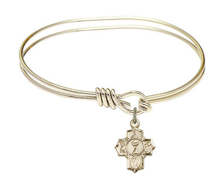 5 3/4 inch Oval Eye Hook Hamilton Gold Bangle Bracelet with a 14kt Gold Filled Communion 5-Way charm.