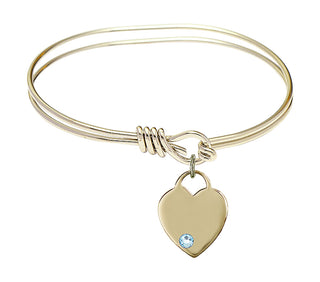 5 3/4 inch Oval Eye Hook Hamilton Gold Bangle Bracelet with a 14kt Gold Filled Heart charm. Engraved Catholic Saint Jewelry
