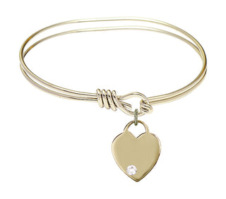 5 3/4 inch Oval Eye Hook Hamilton Gold Bangle Bracelet with a 14kt Gold Filled Heart charm. Engraved Catholic Saint Jewelry