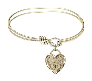 5 3/4 inch Oval Eye Hook Hamilton Gold Bangle Bracelet with a 14kt Gold Filled Miraculous Heart charm. Engraved Catholic Saint Jewelry