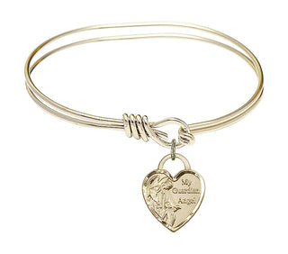 5 3/4 inch Oval Eye Hook Hamilton Gold Bangle Bracelet with a 14kt Gold Filled Guardian Angel Heart charm. Engraved Catholic Saint Jewelry