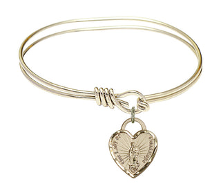 5 3/4 inch Oval Eye Hook Hamilton Gold Bangle Bracelet with a 14kt Gold Filled Our Lady of Guadalupe Heart charm.