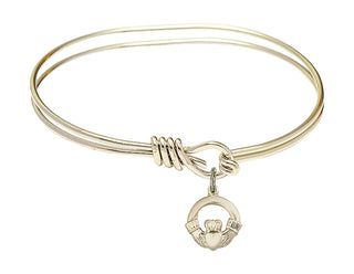 5 3/4 inch Oval Eye Hook Hamilton Gold Bangle Bracelet with a 14kt Gold Filled Claddagh charm.