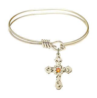 5 3/4 inch Oval Eye Hook Hamilton Gold Bangle Bracelet with a 14kt Gold Filled Cross charm. Engraved Catholic Saint Jewelry