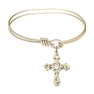 5 3/4 inch Oval Eye Hook Hamilton Gold Bangle Bracelet with a 14kt Gold Filled Cross charm. Engraved Catholic Saint Jewelry