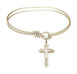 5 3/4 inch Oval Eye Hook Hamilton Gold Bangle Bracelet with a 14kt Gold Filled Cross on Cross charm. Engraved Catholic Saint Jewelry