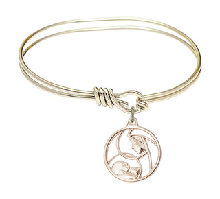 5 3/4 inch Oval Eye Hook Hamilton Gold Bangle Bracelet with a 14kt Gold Filled Madonna and Child charm.