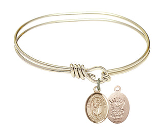 5 3/4 inch Oval Eye Hook Hamilton Gold Bangle Bracelet with a 14kt Gold Filled Saint Christopher / Navy charm.