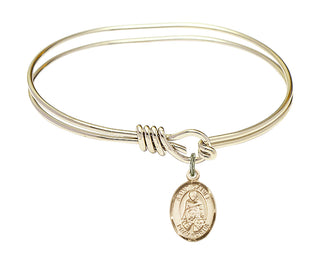 5 3/4 inch Oval Eye Hook Hamilton Gold Bangle Bracelet with a 14kt Gold Filled Saint Daniel charm. Engraved Catholic Saint Jewelry