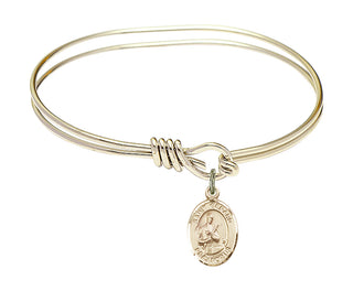 5 3/4 inch Oval Eye Hook Hamilton Gold Bangle Bracelet with a 14kt Gold Filled Saint Gerard Majella charm. Engraved Catholic Saint Jewelry