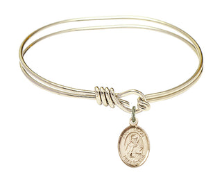 5 3/4 inch Oval Eye Hook Hamilton Gold Bangle Bracelet with a 14kt Gold Filled Saint Isidore of Seville charm. Engraved Catholic Saint Jewelry