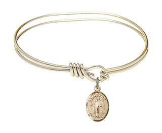 5 3/4 inch Oval Eye Hook Hamilton Gold Bangle Bracelet with a 14kt Gold Filled Saint Justin charm. Engraved Catholic Saint Jewelry