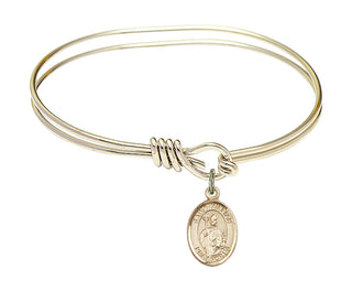 5 3/4 inch Oval Eye Hook Hamilton Gold Bangle Bracelet with a 14kt Gold Filled Saint Kilian charm. Engraved Catholic Saint Jewelry