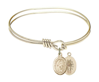 5 3/4 inch Oval Eye Hook Hamilton Gold Bangle Bracelet with a 14kt Gold Filled Miraculous charm. Engraved Catholic Saint Jewelry