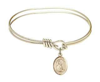 5 3/4 inch Oval Eye Hook Hamilton Gold Bangle Bracelet with a 14kt Gold Filled Saint Peter the Apostle charm. Engraved Catholic Saint Jewelry