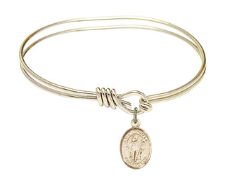 5 3/4 inch Oval Eye Hook Hamilton Gold Bangle Bracelet with a 14kt Gold Filled Saint Richard charm. Engraved Catholic Saint Jewelry