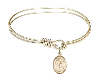 5 3/4 inch Oval Eye Hook Hamilton Gold Bangle Bracelet with a 14kt Gold Filled Saint Robert Bellarmine charm. Engraved Catholic Saint Jewelry
