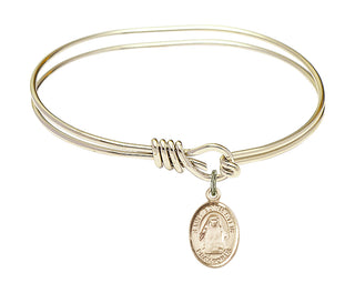 5 3/4 inch Oval Eye Hook Hamilton Gold Bangle Bracelet with a 14kt Gold Filled Saint Edith Stein charm. Engraved Catholic Saint Jewelry