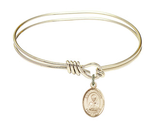 5 3/4 inch Oval Eye Hook Hamilton Gold Bangle Bracelet with a 14kt Gold Filled Saint Timothy charm. Engraved Catholic Saint Jewelry