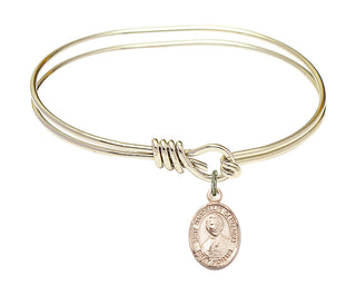 5 3/4 inch Oval Eye Hook Hamilton Gold Bangle Bracelet with a 14kt Gold Filled Saint Marcellin Champagnat charm. Engraved Catholic Saint Jewelry