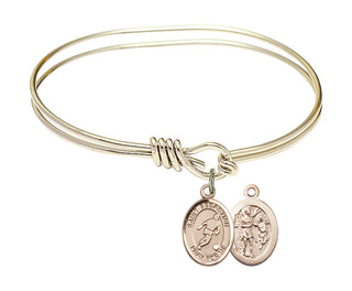 5 3/4 inch Oval Eye Hook Hamilton Gold Bangle Bracelet with a 14kt Gold Filled Saint Sebastian/Soccer charm.