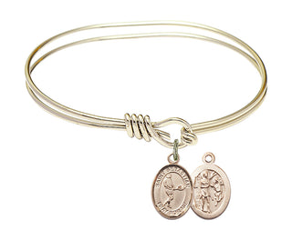 5 3/4 inch Oval Eye Hook Hamilton Gold Bangle Bracelet with a 14kt Gold Filled Saint Sebastian/Tennis charm.