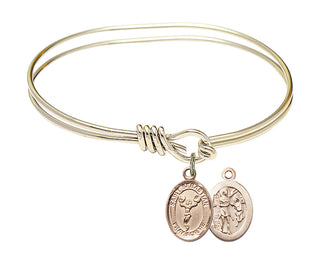 5 3/4 inch Oval Eye Hook Hamilton Gold Bangle Bracelet with a 14kt Gold Filled Saint Sebastian/Cheerleading charm.