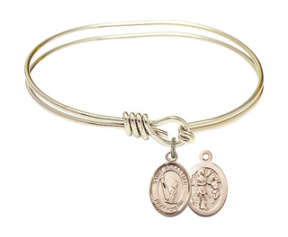 5 3/4 inch Oval Eye Hook Hamilton Gold Bangle Bracelet with a 14kt Gold Filled Saint Sebastian/Gymnastics charm.