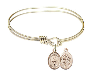 5 3/4 inch Oval Eye Hook Hamilton Gold Bangle Bracelet with a 14kt Gold Filled Saint Sebastian/Dance charm.