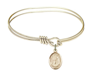 5 3/4 inch Oval Eye Hook Hamilton Gold Bangle Bracelet with a 14kt Gold Filled Saint John of the Cross charm. Engraved Catholic Saint Jewelry