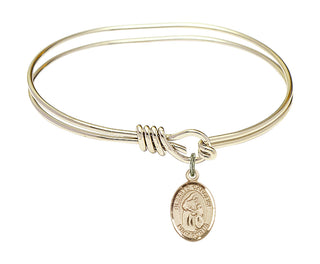 5 3/4 inch Oval Eye Hook Hamilton Gold Bangle Bracelet with a 14kt Gold Filled Blessed Caroline Gerhardinger charm. Engraved Catholic Saint Jewelry