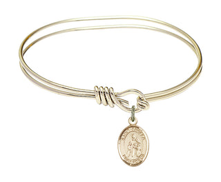 5 3/4 inch Oval Eye Hook Hamilton Gold Bangle Bracelet with a 14kt Gold Filled Saint Angela Merici charm. Engraved Catholic Saint Jewelry