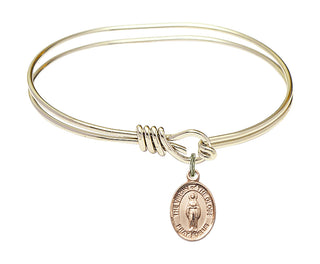 5 3/4 inch Oval Eye Hook Hamilton Gold Bangle Bracelet with a 14kt Gold Filled Virgin of the Globe charm. Engraved Catholic Saint Jewelry