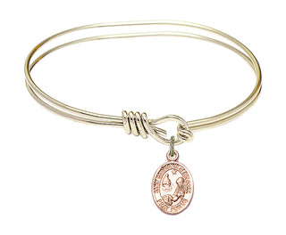 5 3/4 inch Oval Eye Hook Hamilton Gold Bangle Bracelet with a 14kt Gold Filled Saint Catherine of Bologna charm. Engraved Catholic Saint Jewelry