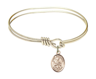 5 3/4 inch Oval Eye Hook Hamilton Gold Bangle Bracelet with a 14kt Gold Filled Saint Eustachius charm. Engraved Catholic Saint Jewelry