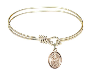 5 3/4 inch Oval Eye Hook Hamilton Gold Bangle Bracelet with a 14kt Gold Filled Saint Polycarp of Smyrna charm. Engraved Catholic Saint Jewelry