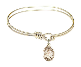 5 3/4 inch Oval Eye Hook Hamilton Gold Bangle Bracelet with a 14kt Gold Filled Saint Rose Philippine Duchesne charm. Engraved Catholic Saint Jewelry