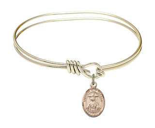 5 3/4 inch Oval Eye Hook Hamilton Gold Bangle Bracelet with a 14kt Gold Filled Saint Andrew Kim Taegon charm. Engraved Catholic Saint Jewelry