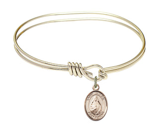 5 3/4 inch Oval Eye Hook Hamilton Gold Bangle Bracelet with a 14kt Gold Filled Saint Theodora charm. Engraved Catholic Saint Jewelry