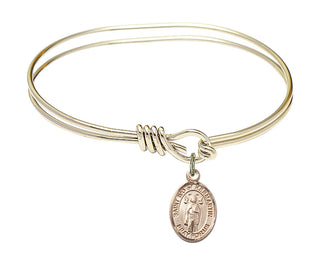 5 3/4 inch Oval Eye Hook Hamilton Gold Bangle Bracelet with a 14kt Gold Filled Saint Ivo of Kelmartin charm. Engraved Catholic Saint Jewelry