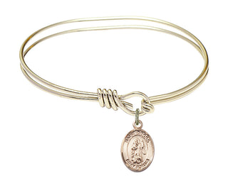 5 3/4 inch Oval Eye Hook Hamilton Gold Bangle Bracelet with a 14kt Gold Filled Saint Drogo charm. Engraved Catholic Saint Jewelry