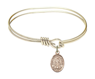 5 3/4 inch Oval Eye Hook Hamilton Gold Bangle Bracelet with a 14kt Gold Filled Saint Bernadine of Sienna charm. Engraved Catholic Saint Jewelry