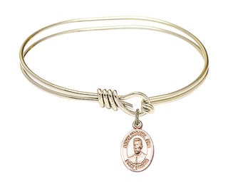 5 3/4 inch Oval Eye Hook Hamilton Gold Bangle Bracelet with a 14kt Gold Filled Blessed Miguel Pro charm. Engraved Catholic Saint Jewelry