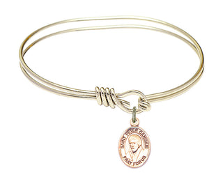 5 3/4 inch Oval Eye Hook Hamilton Gold Bangle Bracelet with a 14kt Gold Filled Saint Peter Canisius charm. Engraved Catholic Saint Jewelry